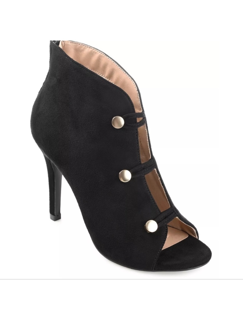 Journee collection Black Suede High Heel Peep-Toe Bootie with Button Detail